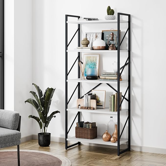 Shintenchi 5 Tiers Bookshelf, Classically Tall Bookcase Shelf, Industrial Book