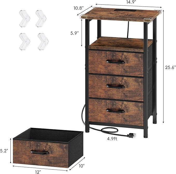Vagusicc Nightstand with Charging Station, Bedside Table with USB Ports and