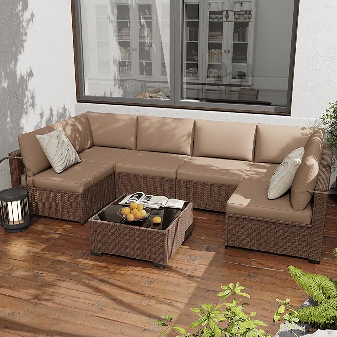 KIGOTY 7-Piece Patio Furniture Set, All-Weather PE Rattan Outdoor Sectional Sofa