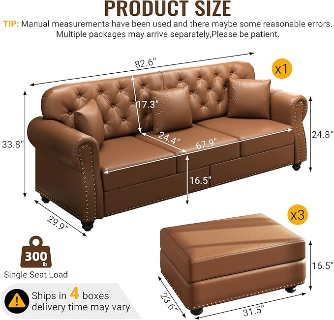 KEIKI 83" Faux Leather Chesterfield Sofa