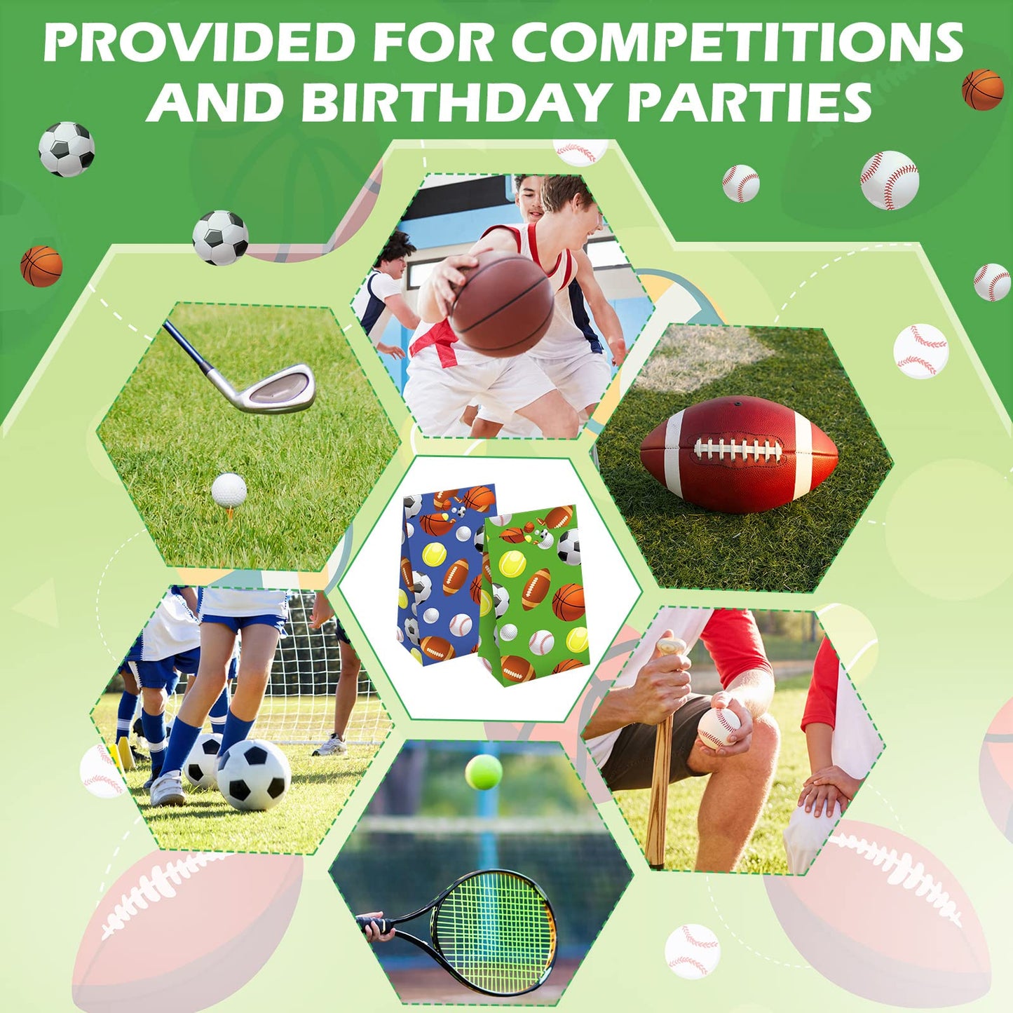 Outus 30 Pieces Paper Party Gift Bags for Sport Candy Goodie Bags Soccer Baseball Football Basketball Themed Design for Birthday Sport Party Favor Supplies Decorations, 9.45 x 5.12 x 3.15 Inches