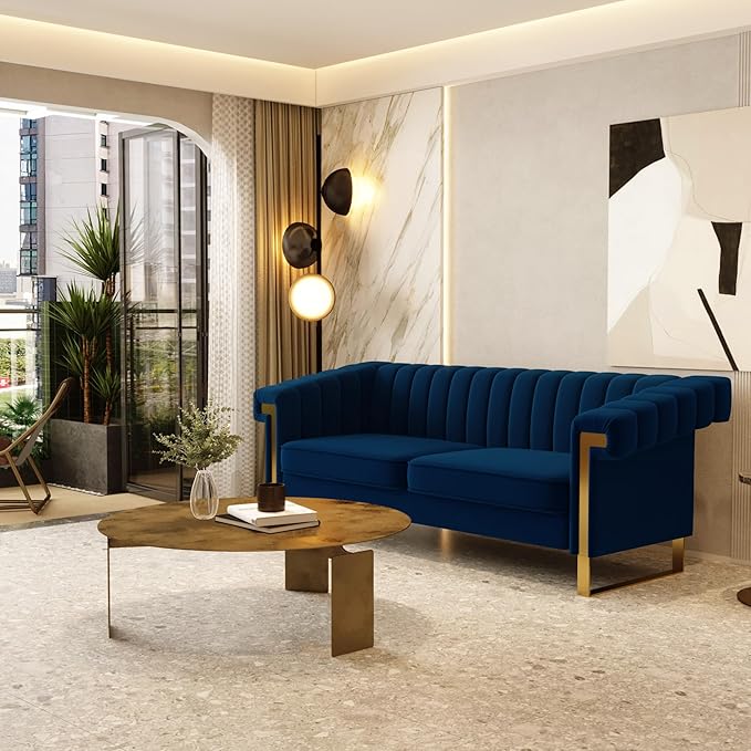 Mid-Century Modern Blue Velvet Sofa