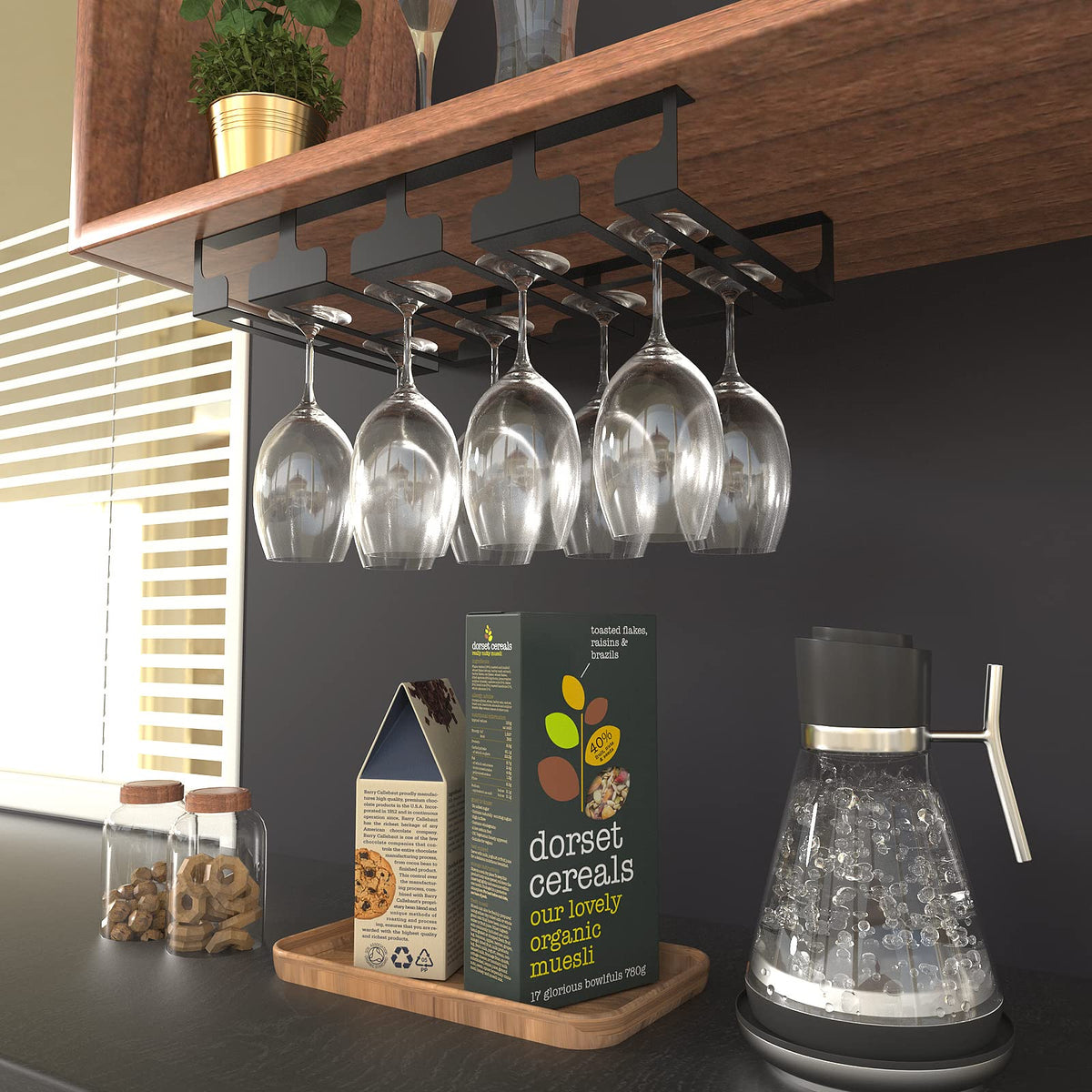 Jbikao Wine Glass Rack - Under Cabinet Stemware Wine Glass Holder Glasses Storage Hanger Metal Hanging Organizer for Bar Kitchen 4 Rows Black