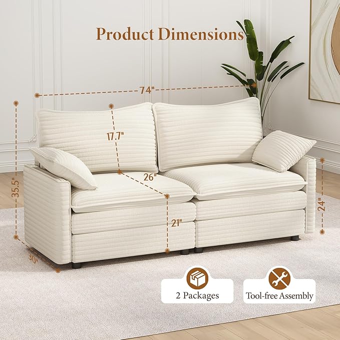 Vesgantti 74" Cloud Couch for Living Room, 2 Seaters Deep Seat Sectional