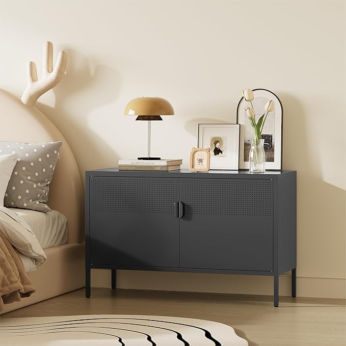 Metal Storage Cabinet, 2 Door TV Stand, Metal Mesh Accent Cabinet, Magnetic