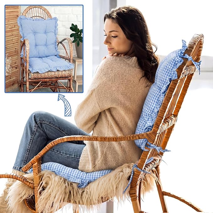 Lewtemi 2 Set Blue Gingham Rocking Chair Cushion Village Ruffled Rocking Chair