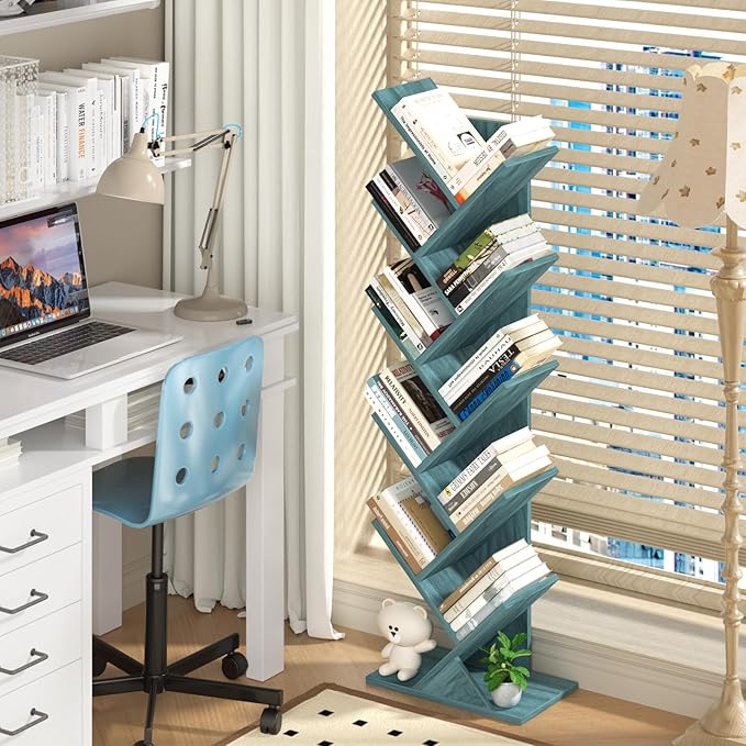 SHEEPAM 10 Tier Tree Book Shelf, Floor Standing Wood Bookshelf