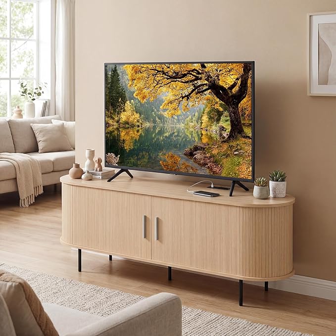 Tangkula Fluted TV Stand for TVs up to 60”, Mid Century Curved Entertainment