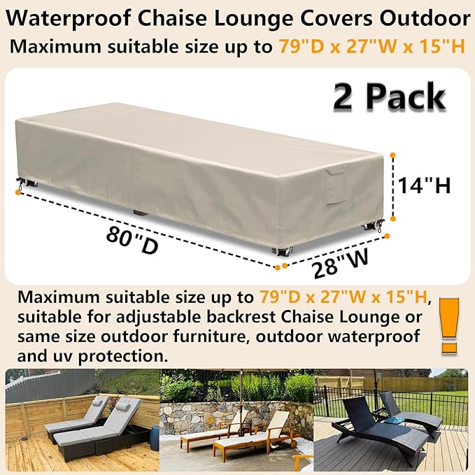 Outdoor Chaise Lounge Cover 2 Pack Patio Lounge Chair Covers Waterproof 600D
