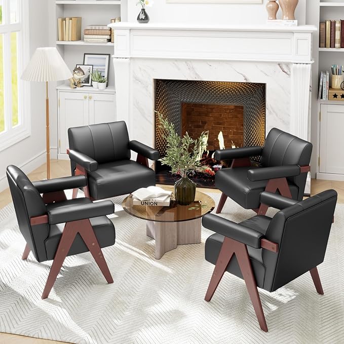 STHOUYN Black Leather Accent Chairs Set of 2, Mid Century Modern Accent Chair