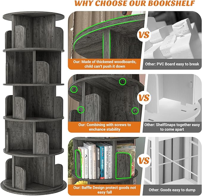 Aheaplus Rotating Bookshelf, 360 Display Wood Spinning Bookshelf Tower