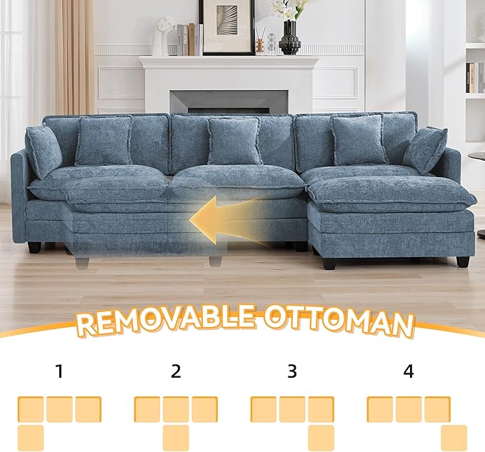 111'' Sectional Cloud Deep Seat Couch, Modern Comfy Chenille L Shaped Sectional