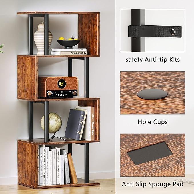 Furologee 5 Tier Bookshelf, S Shaped Geometric Bookcase, Narrow Freestanding