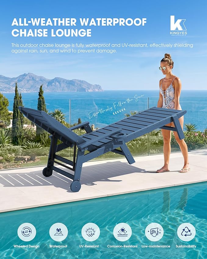 KINGYES HDPE Lounge Chair Outdoor Set of 2, Patio Chaise Lounge Recliner