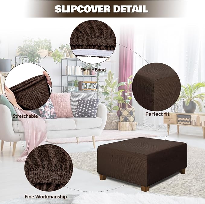 NeColorLife Square Ottoman Cover Jacquard Fabric Thick Stretchable Slipcover