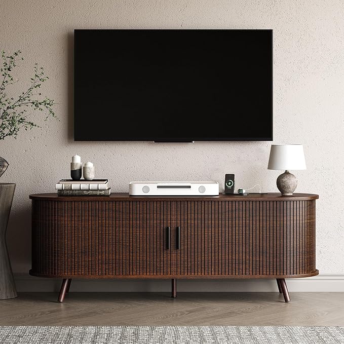 55 inch TV Stand with Power Outlet, Fluted Entertainment Center