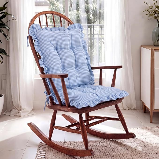 Lewtemi 2 Set Blue Gingham Rocking Chair Cushion Village Ruffled Rocking Chair
