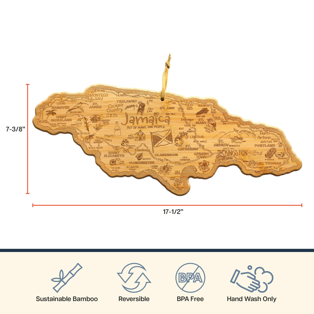 Totally Bamboo Destination Jamaica Shaped Cutting Board Bamboo Charcuterie and Serving Board with Hang Tie for Wall Display