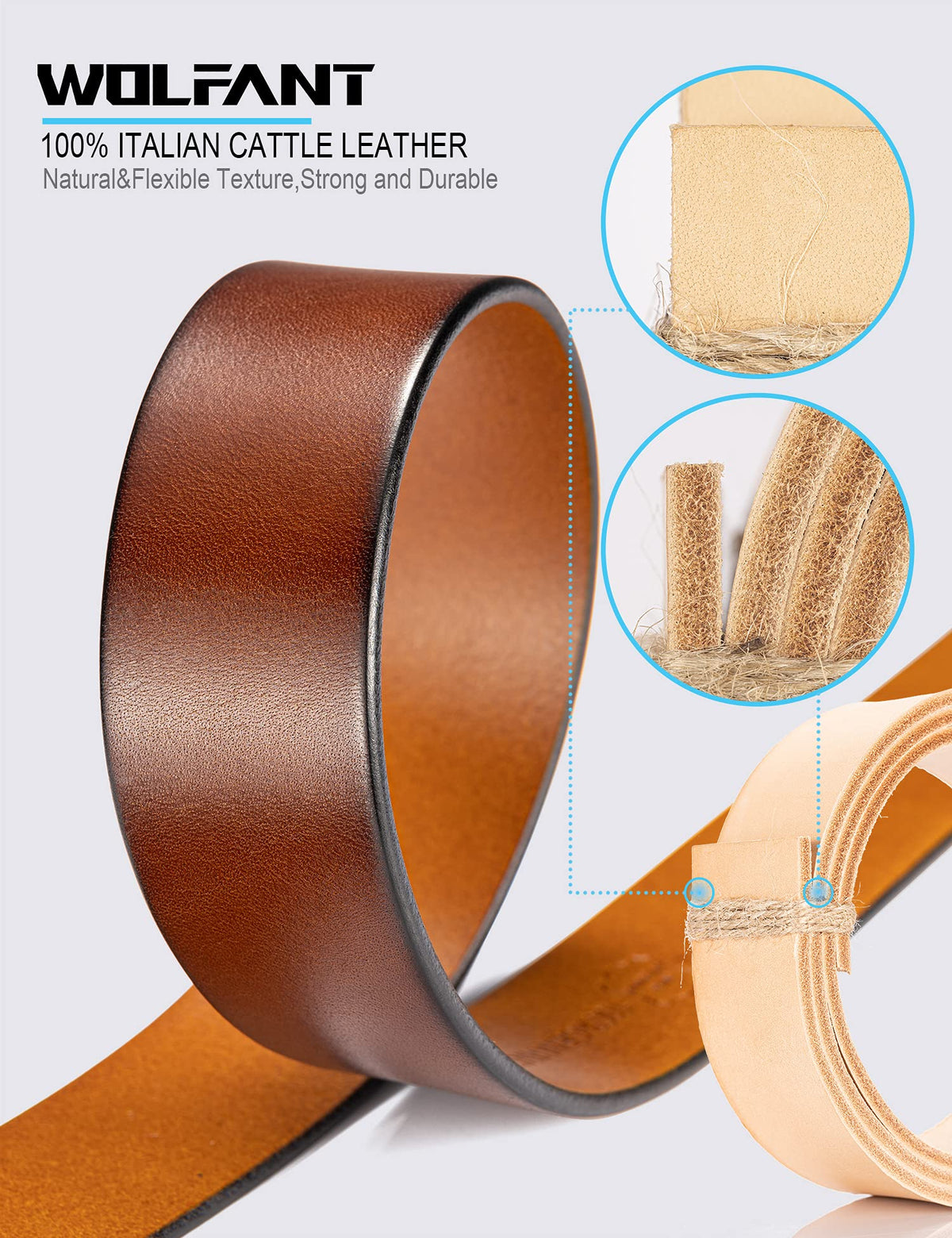 WOLFANT 1.5" Full Grain Leather Belt for Men,100% Italian Solid Durable Leather