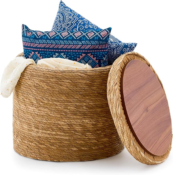 Wimarsbon Round Pouf Ottomans, Handwoven Natural Water Hyacinth Seagrass Pouffe