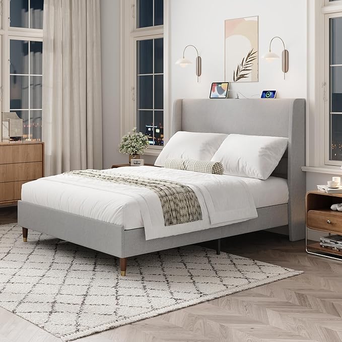 MALOL Full Size Bed Frame with Upholstered Headboard, Linen Fabric Platform Bed