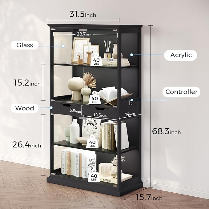 Jocoevol Display Cabinet with 4 Glass Doors, 4-Tier Modern Glass Display Case