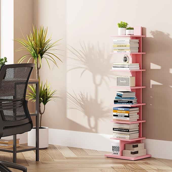 TUTOTAK Bookshelf, 8-Tier Bookcase, Narrow Spine Book Shelf