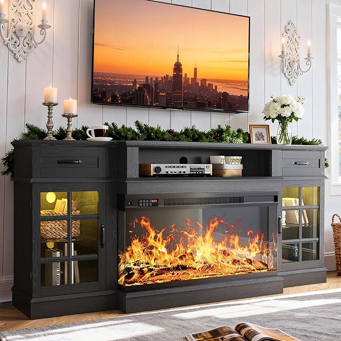 MXV 70" Fireplace TV Stand, 3-Sided Glass Fireplace and Modern Entertainment