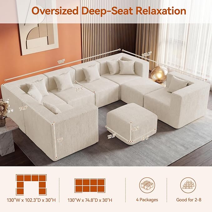 MONVANE Modular Sectional Sofa, Oversized 8 Seat Convertible U Shaped Couch