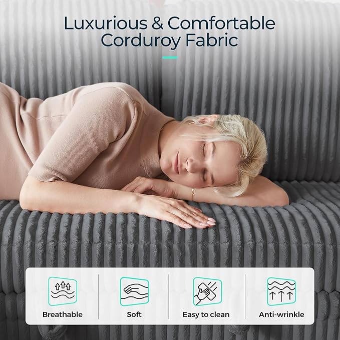 LINSY HOME Sectional Sofa with Pull Out Bed, 4 Seats Corduroy Reversible