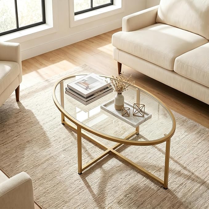 Wolawu Coffee Table Gold Oval Glass Coffee Tables
