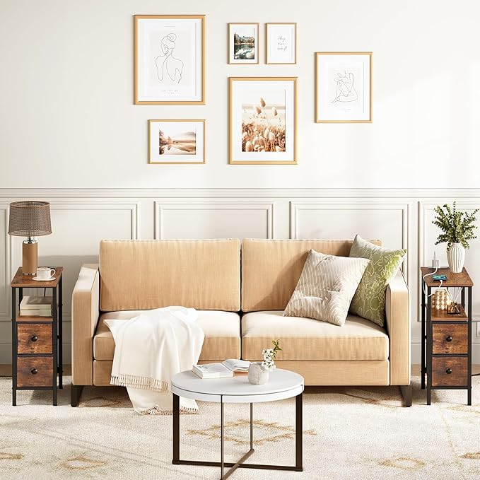 HOOBRO End Table with Charging Station, Narrow Side Table with 2 Fabric Drawers