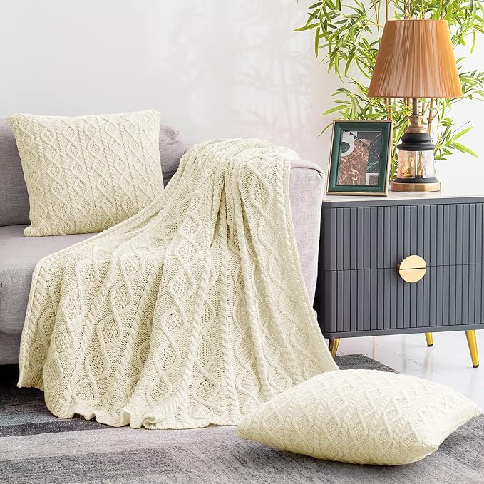 Homiest Cable Knit Throw Blanket & Pillow Set, Cream White Set of 3, Knitted