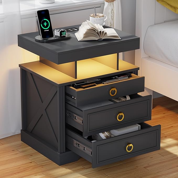 HNEBC Night Stand Set 2 with Gun Drawers, Farmhouse Nightstand with Charging