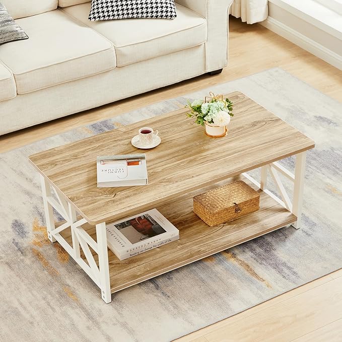 GreenForest Coffee Table with Round Corner, Farmhouse Center Table with 2-Tier