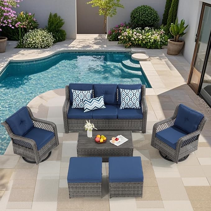 6 Pieces Wicker Patio Furniture Set Conversations Sets, 2 Outdoor 360° Swivel