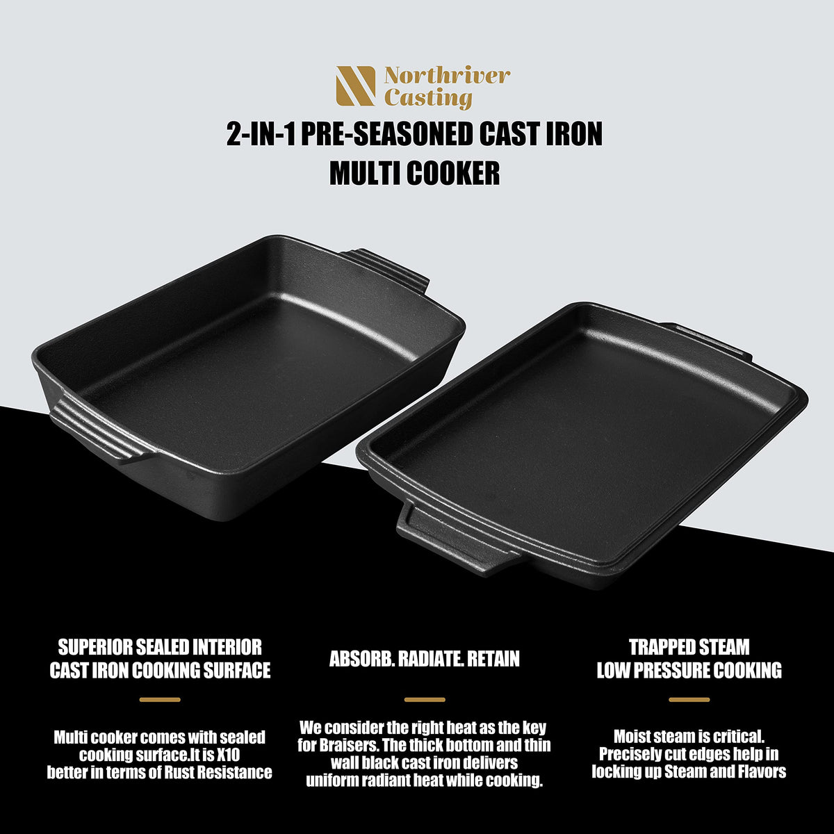 Northriver Casting 2-In-1 Pre Seasoned Cast Iron Dutch Oven With Skillet Lid,Casserole Dish,Rectangular Baking Pan,Griddle Pot Set, 6QT, 9"x13"