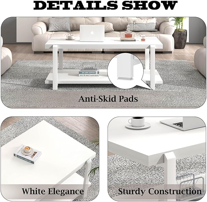FOLUBAN White Coffee Table, Modern Rustic Wood and Metal Center Table