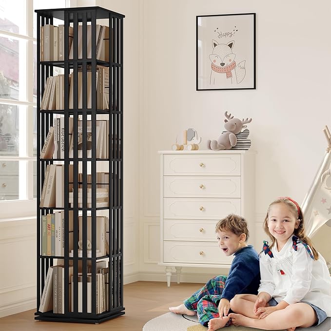YOWOS Rotating Bookshelf Tower, 360° Display Spinning Bookcase, Bamboo