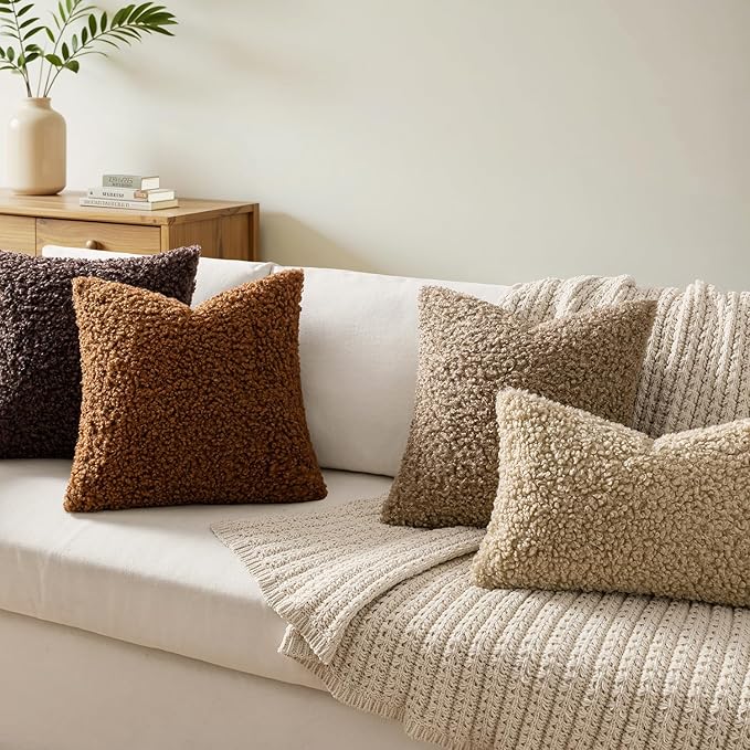 Faux Fur Throw Pillow Covers 20x12 Inch Set of 2 Boucle Neutral Decorative