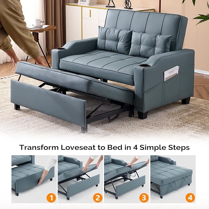 VINGLI Convertible Loveseat Sleeper Sofa, Cup Holders, Armrest