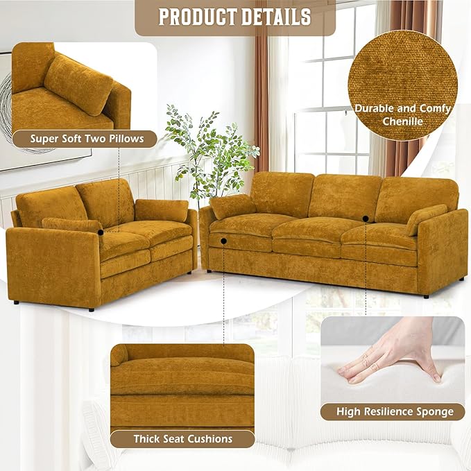 Comfy Chenille Sofa Set with Well-Filled Pillows, Modern 3 Seater and Loveseat