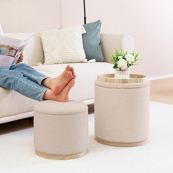 PINPLUS Round Ottoman with Storage Set of 2, Vanity Stool with Storage