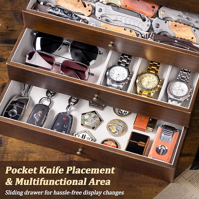5-Tier Large Knife Display Case & Organizer, Wooden Pocket Knife Storage Box