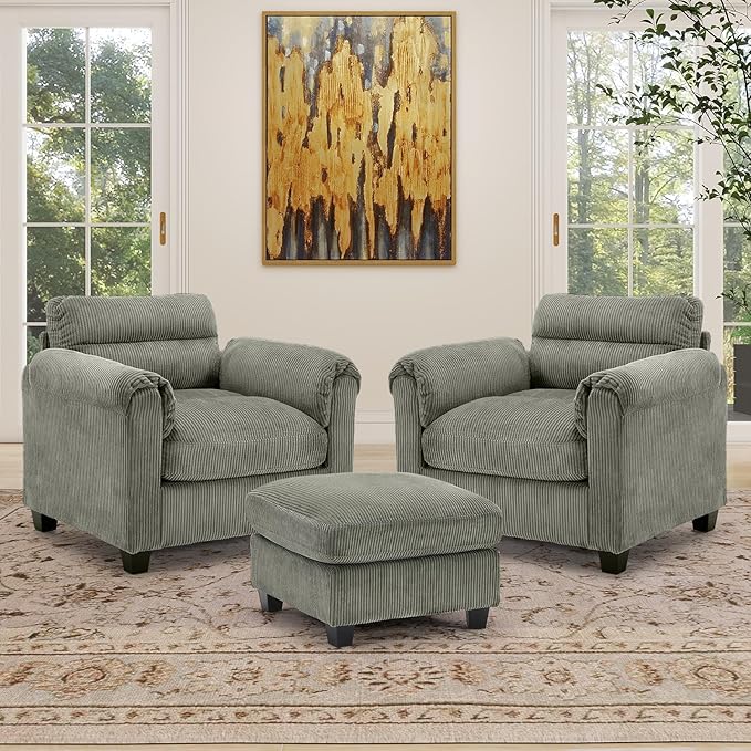 HAOMARKETS Corduroy 3-Piece Sofa Set, Upholstered Ottoman and Accent Chair Sofa