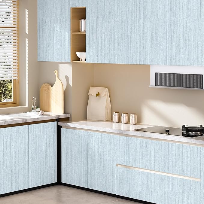 Light Blue Textured Grasscloth Peel and Stick Wallpaper, Waterproof Removable