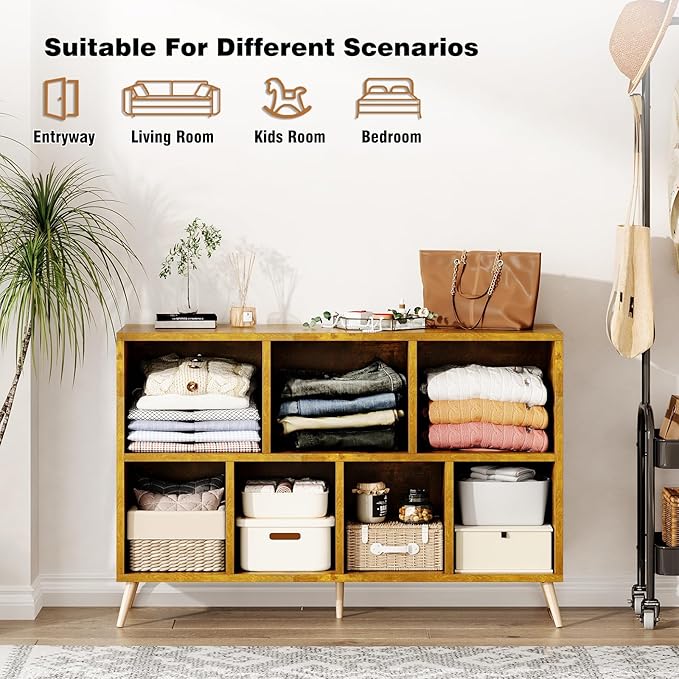 7-Cube Storage Organizer with Natural Wood Legs, Mid-Century Modern Bookcase
