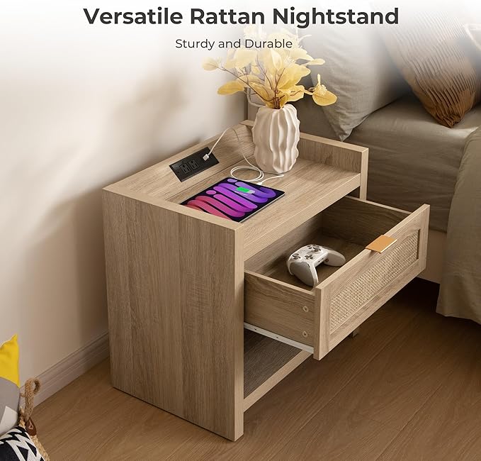 SICOTAS Rattan Nightstand End Table