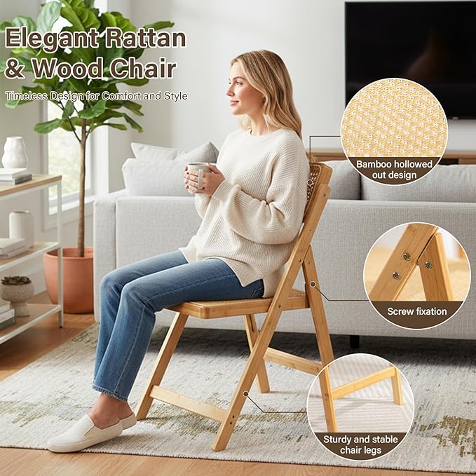 Furlide Rattan Folding Chairs, Modern Mid Century Dining Chairs Set of 2