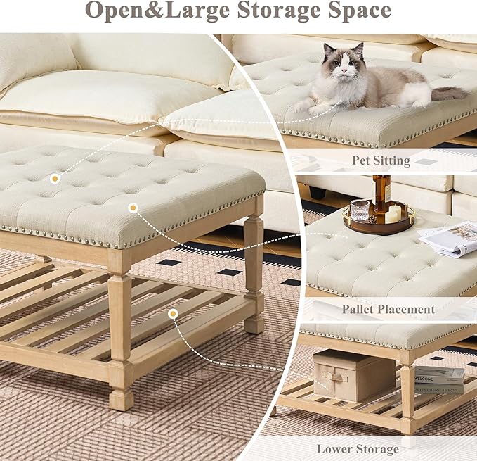 Befurtori Large Square Ottoman Coffee Table, Linen Solid Upholstered Footrest